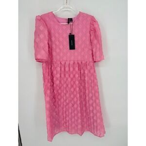 Vero Moda Pink Textured Diamond Puff Sleeve Babydoll Mini Dress 24‎ L NEW